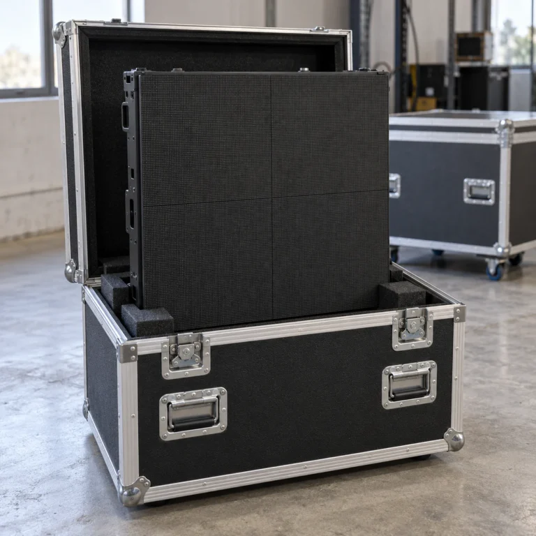 Unlit rental LED cabinet supported in an open padded transport case in an indoor staging room