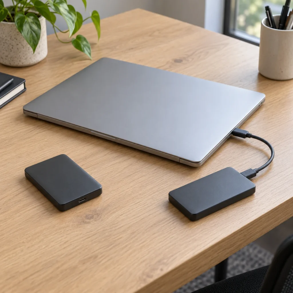 Two dark external storage drives beside a closed silver laptop on a light wooden desk, with one drive connected by a short cable