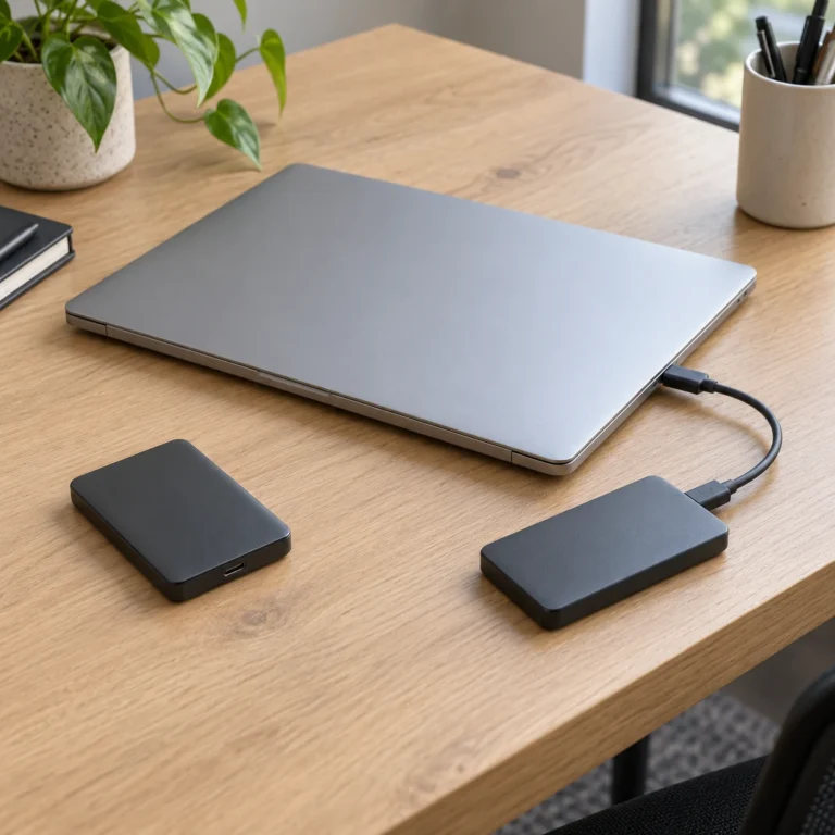 Two dark external storage drives beside a closed silver laptop on a light wooden desk, with one drive connected by a short cable