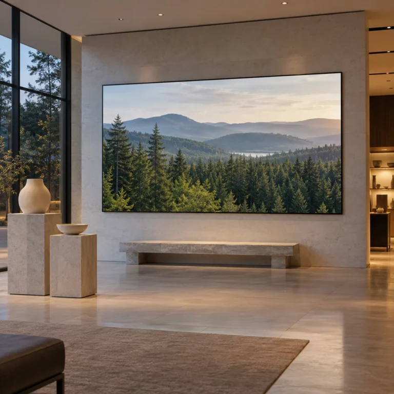 Wide wall-mounted display showing a green forest landscape in a quiet retail showroom with stone and wood finishes