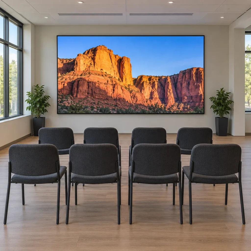 Rows of dark chairs facing a wall-mounted display showing sandstone cliffs in a training room with daylight from side windows