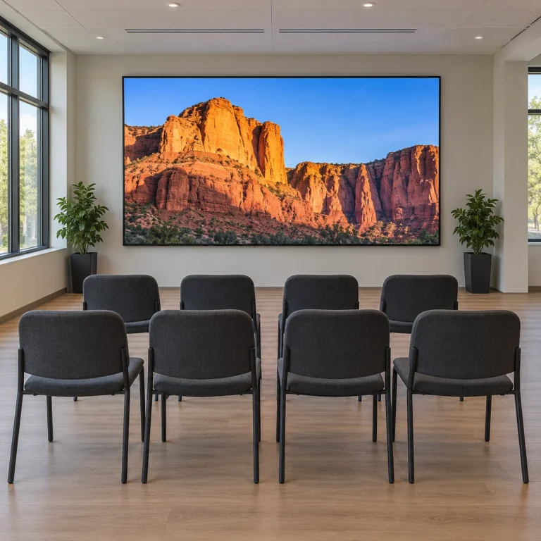 Rows of dark chairs facing a wall-mounted display showing sandstone cliffs in a training room with daylight from side windows