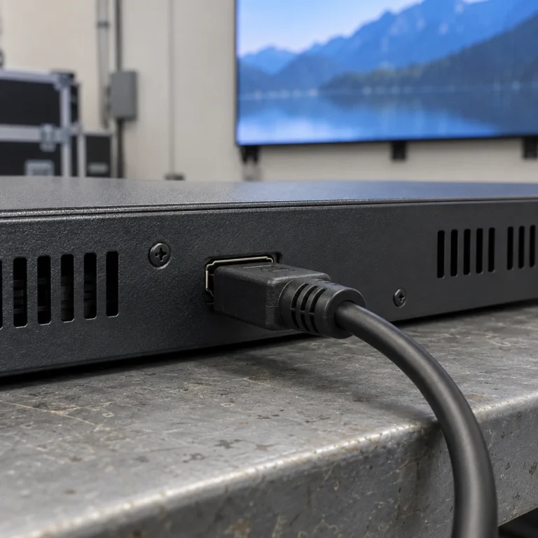 Black HDMI cable connected to the rear port of a generic video processor on a service bench