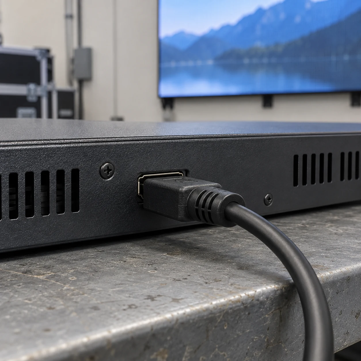 Black HDMI cable connected to the rear port of a generic video processor on a service bench
