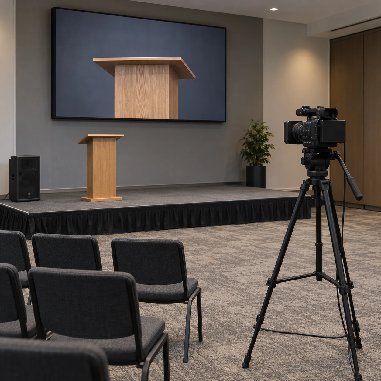 Tripod-mounted video camera facing a lectern, with an LED screen and a separate loudspeaker in a conference room