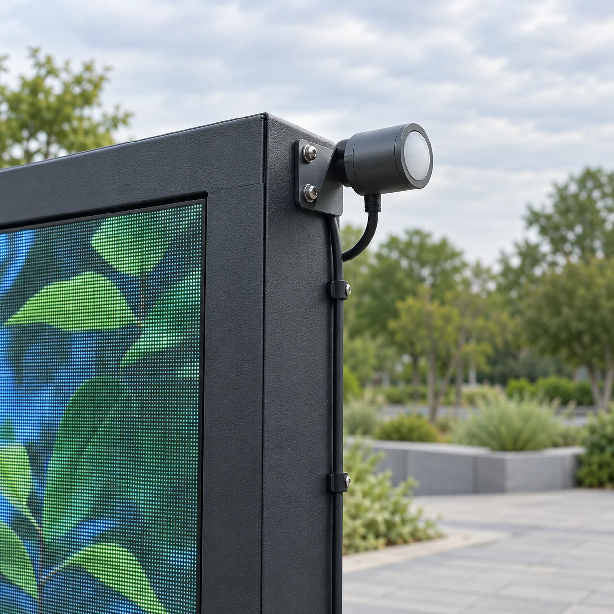 Generic ambient light sensor mounted on a bracket beside an outdoor display frame with a supported cable