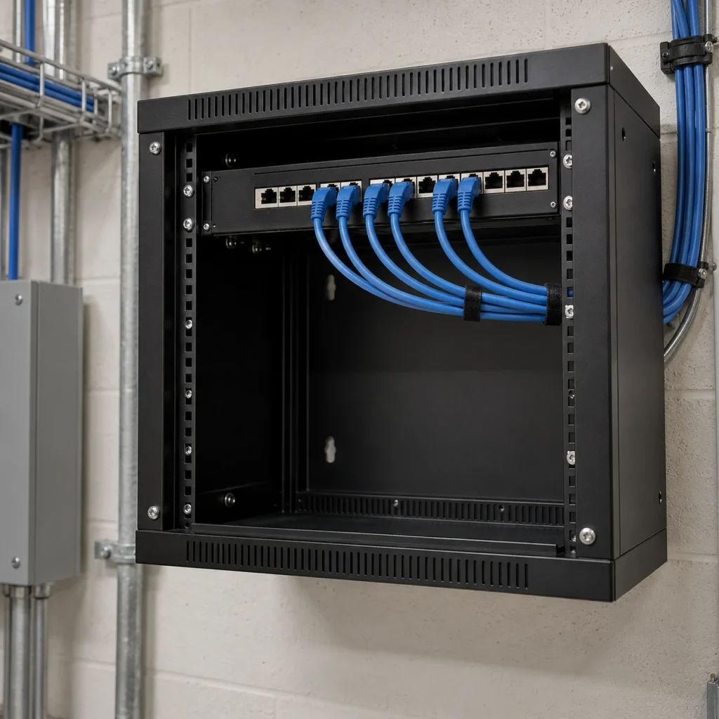 Blue Ethernet patch cables connected to a patch panel in a wall-mounted network rack