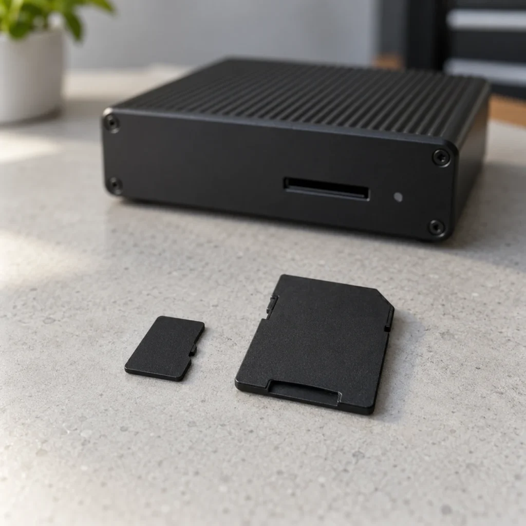 Unbranded microSD card and full-size SD adapter beside a compact media player on a service bench