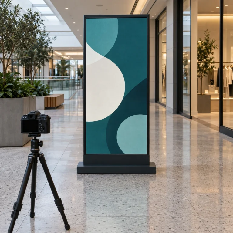 Portrait digital advertising display showing teal and cream shapes in a shopping concourse with a tripod-mounted camera nearby