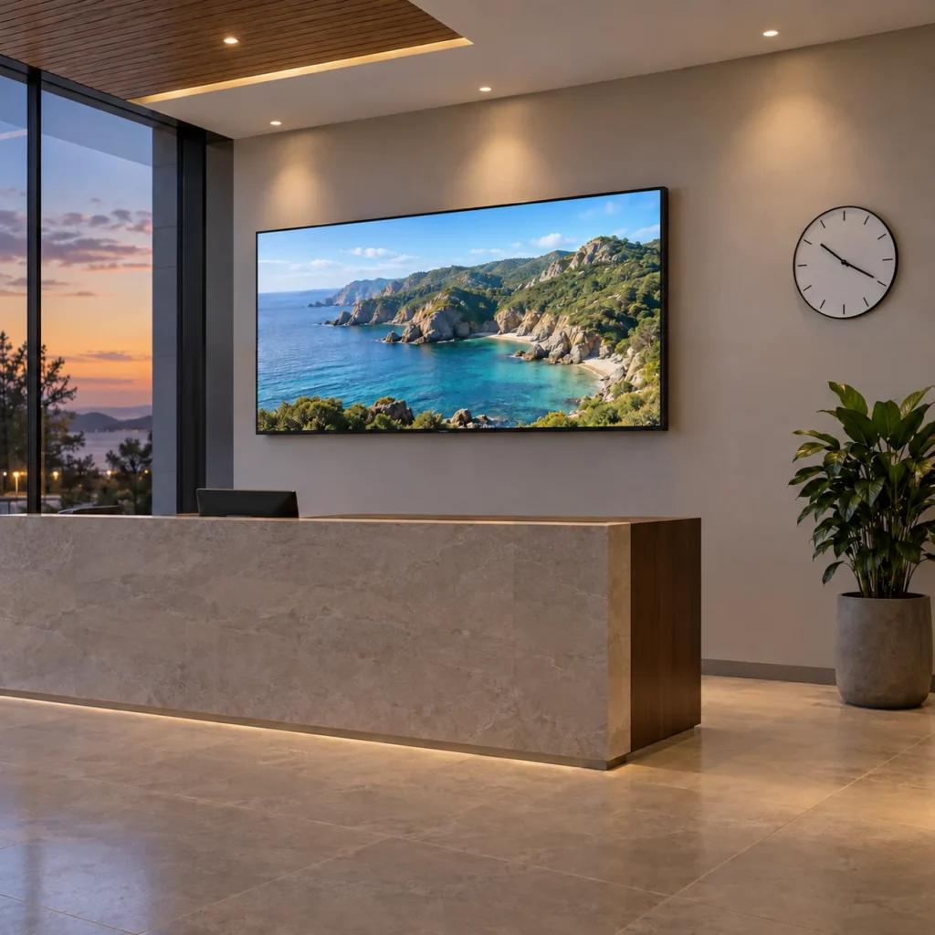 Wall-mounted display showing a coastal landscape beside a round analog clock in a softly lit reception lobby