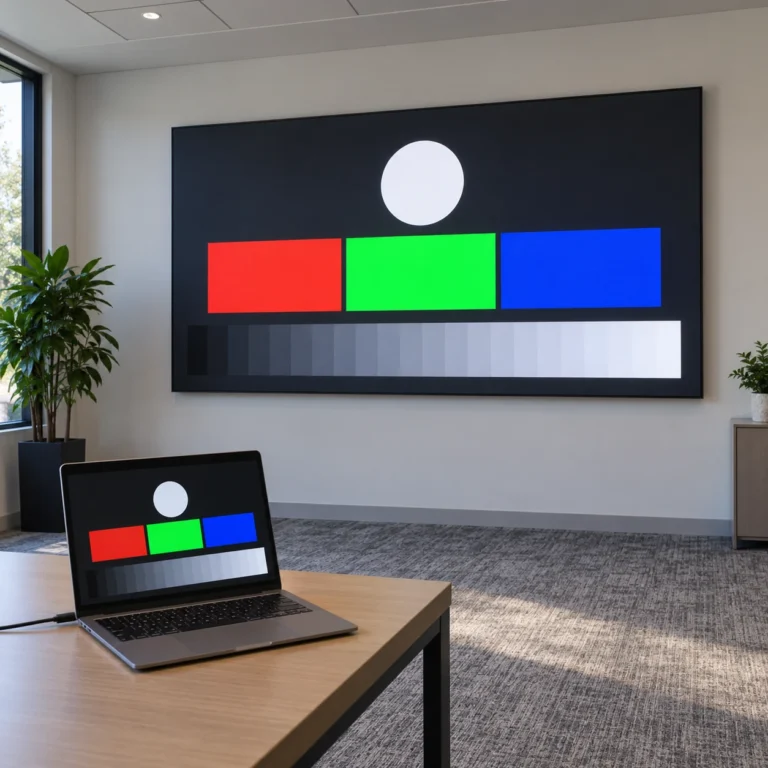 Laptop and wall-mounted display showing a matching color and grayscale test composition in a demonstration room